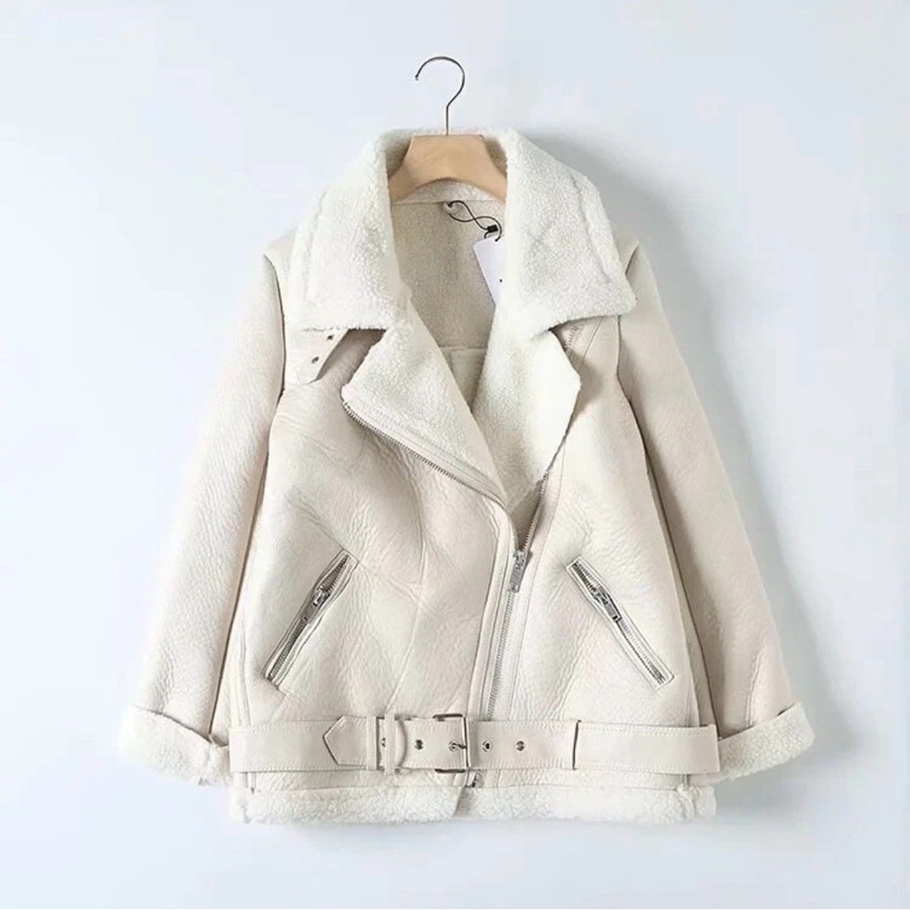 Zara Cream Women's Faux Leather/ Fur Biker Jacket